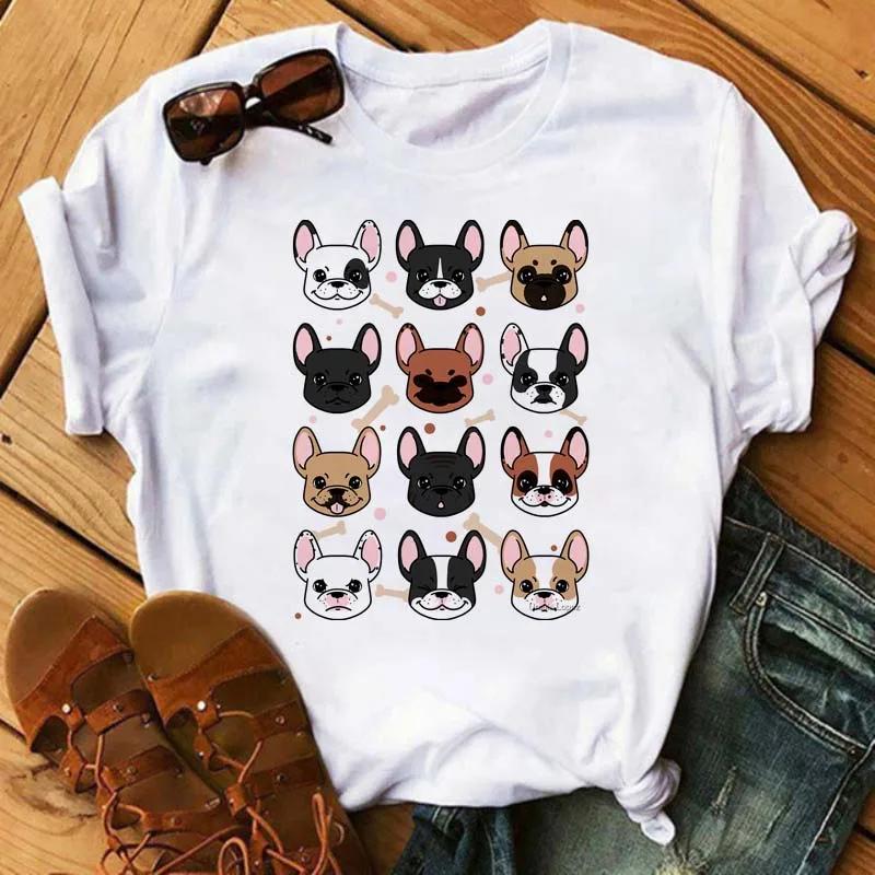 Fun Cute French Bulldog T-shirts Animal Harajuku Print Pattern Short Sleeves  Pure Cotton Women's T-shirts