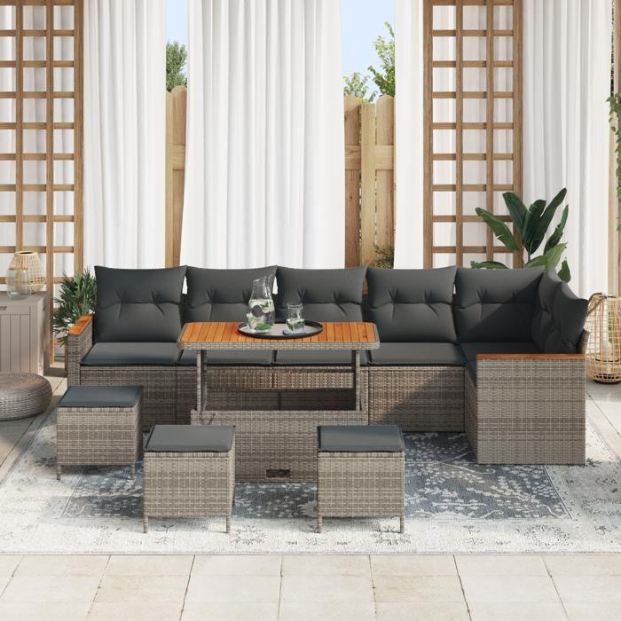 Ensemble de canapé de jardin vidaXL 10 pièces avec coussins gris poly rattan acacia 3363073