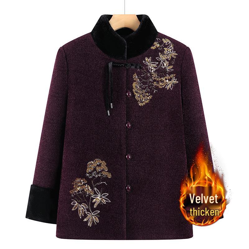 

Warm Velvet-Lined Stand Collar Tang Suit Coat for Elderly Women 5XL (145-155 lbs) фиолетовый