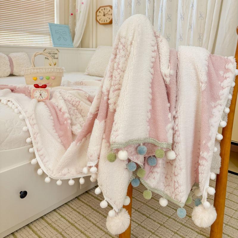Small Ball Milk Velvet Blanket Household Winter Thick Flannel Bed Sheets Multi Functional Blankets The Office Nap Blanket Can Be Machine Washed