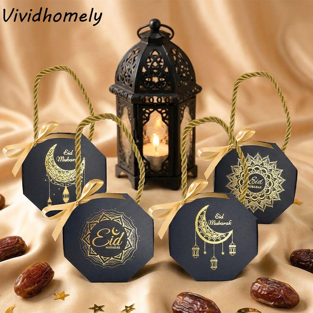10Pcs Satin Ribbon Bow Eid and Ramadan Gift Boxes Gold Stamping Reusable Ramadan Gift Box Portable Simple Gift Packaging Bags
