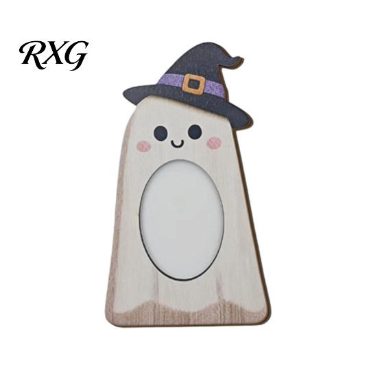 Ghost Theme Home Ornament Halloween Wooden Photo Frame, Pumpkin/Ghost Picture Frame for Wall Rustic Wood Holiday Gift Hanging or Desktop Display,