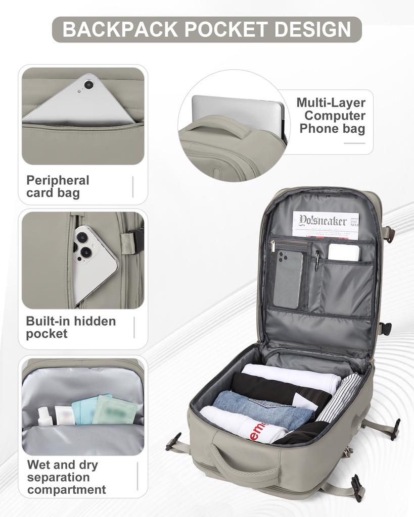 Reiserucksack für Damen, Fluglinien-Handgepäck genehmigt, Diebstahlsicher, Business-Laptop, Großer Tagesrucksack, Weekender-Tasche