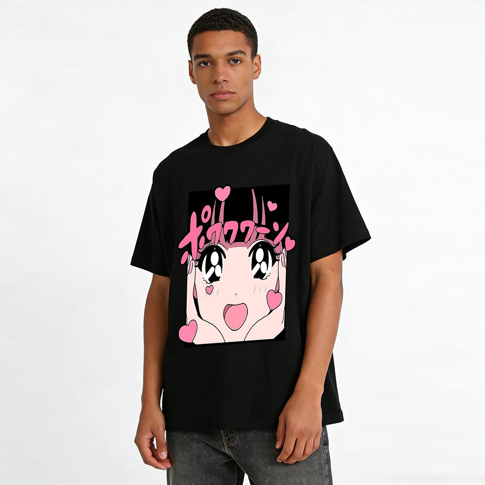Cute Japanese Style Big-eyed Girl Heart Print T-shirt Casual Loose Crewneck Anime Top For Teens Pure Cotton T-shirt