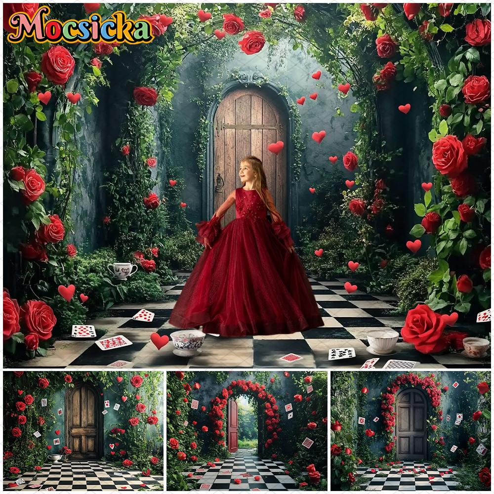 Mocsicka Spring Backdrop Easter Red Rose Flower Green Wall Card Door Black White Grid Floor Wedding Decorations Party Ba396