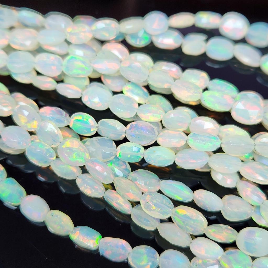 Natural White Faceted Multi Ethiopian Opal Maniya Beads, Multi Fire Gemstone Strand Beads.
