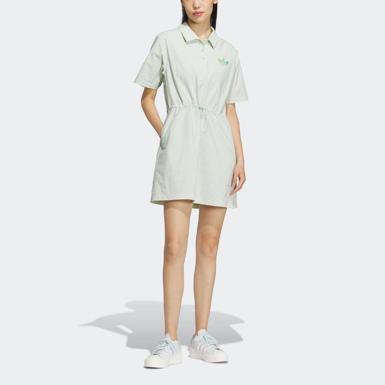 Adidas Originals Dress With Trefoil Logo And Drawstring Waist Short Sleeve Polo Women Dress Linen-Green IK8631