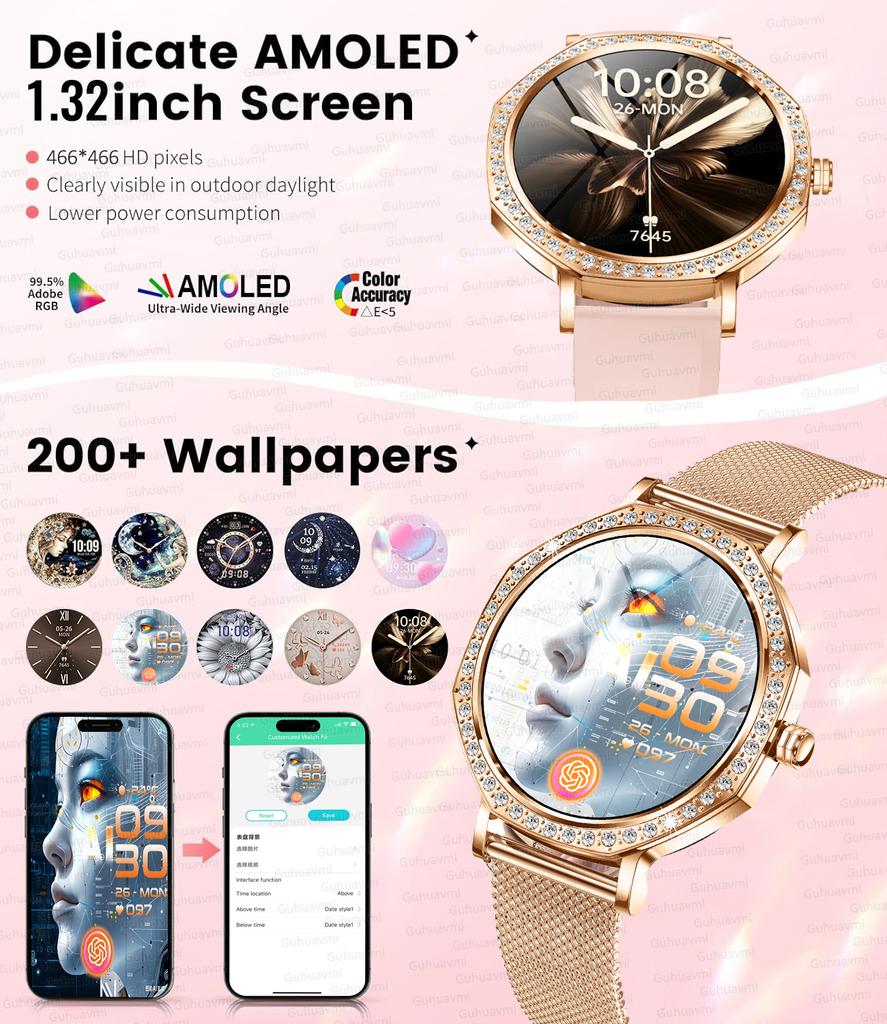 New Luxury Diamond Smart Watch For Women 8mm Ultra Thin Body Bluetooth Call Heart Rate IP68 Waterproof Smartwatch Rose Gold