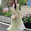Green Mesh Splicing Suspender Dress Women's Summer New Beautiful Holiday Wind Floral Chiffon Dress