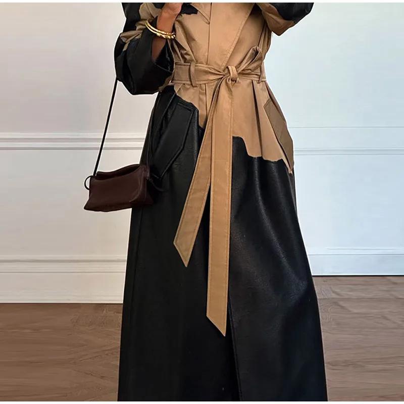Contrast Leather Long Women Jacket Lace Up Lapel Long Sleeve Female Maxi Pu Jackets Autumn Winter Street Pocket Lady Coat