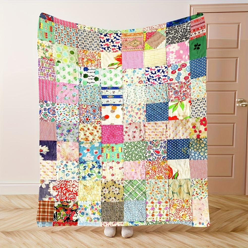 Vintage Floral Patchwork Flannel Blanket – Soft Warm Cozy Throw with Colorful Print – All Seasons Use for Home, Sofa or Bed