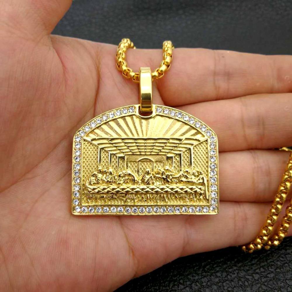Detailed Last Supper Pendant Necklace Cubic Zirconia Iced Out 24 Inch Twisted Rope Chain Hip Hop Jewelry