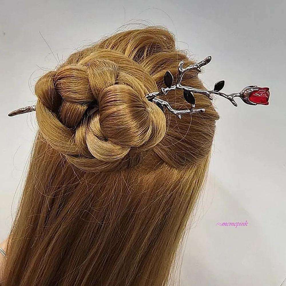 Hairpin, hair ornament, hair pin, hair clip, hair updo, rose decoration, flower hij456 Red