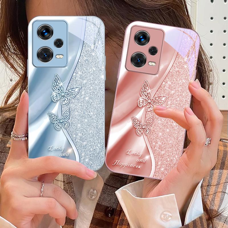 Golden Butterfly For Xiaomi 14 Ultra 13 Lite Redmi Note 13 11 Pro 12 Plus Poco X6 3 Pro F4 6 GT Tempered Glass Phone Case