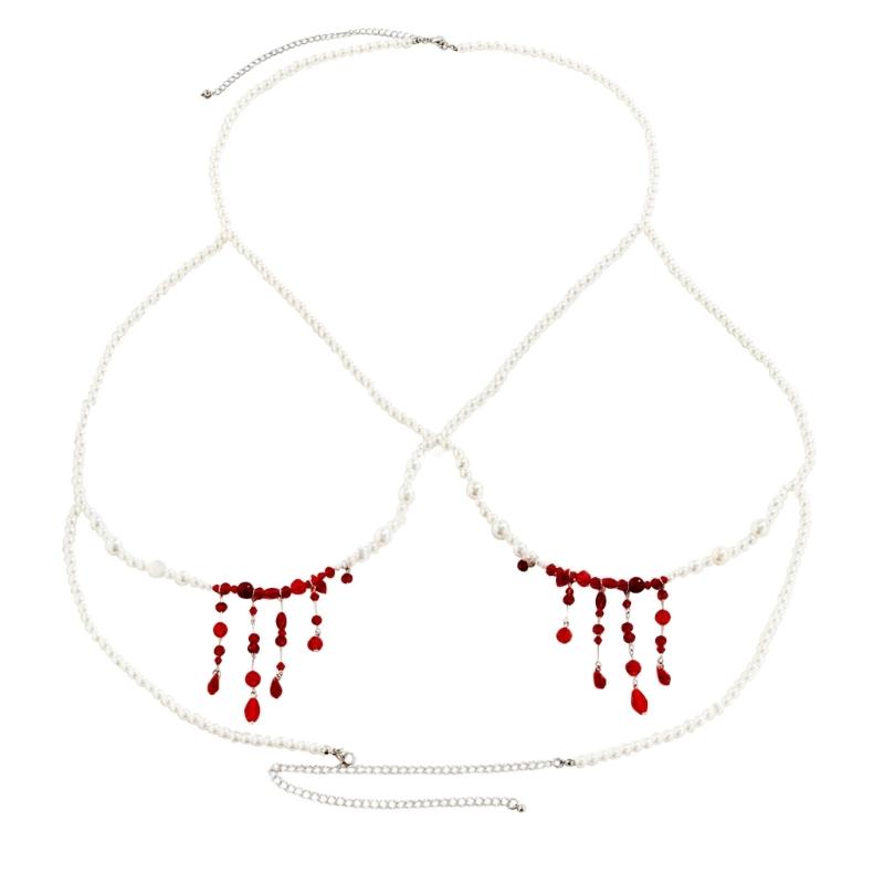 Gothic Blood-Stained Imitation Pearls Foot Ornament Novel Halloween Blood Drop Tassels Body Waist Chain for Women Girls