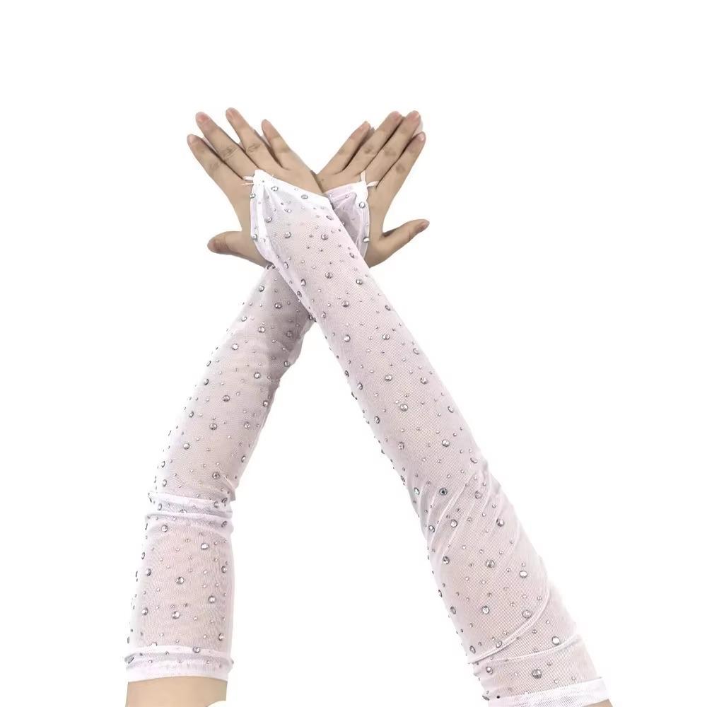 42cm Fingerless Gloves Mesh Party Costume Elegance Rhinestone Mesh Gloves Cosplay белый