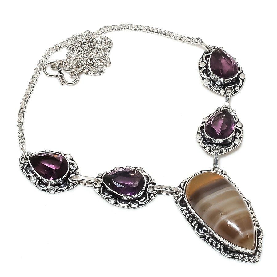 Natural Banded Agate, Amethyst 925 Sterling Silver Jewelry Necklace 18" k2L09