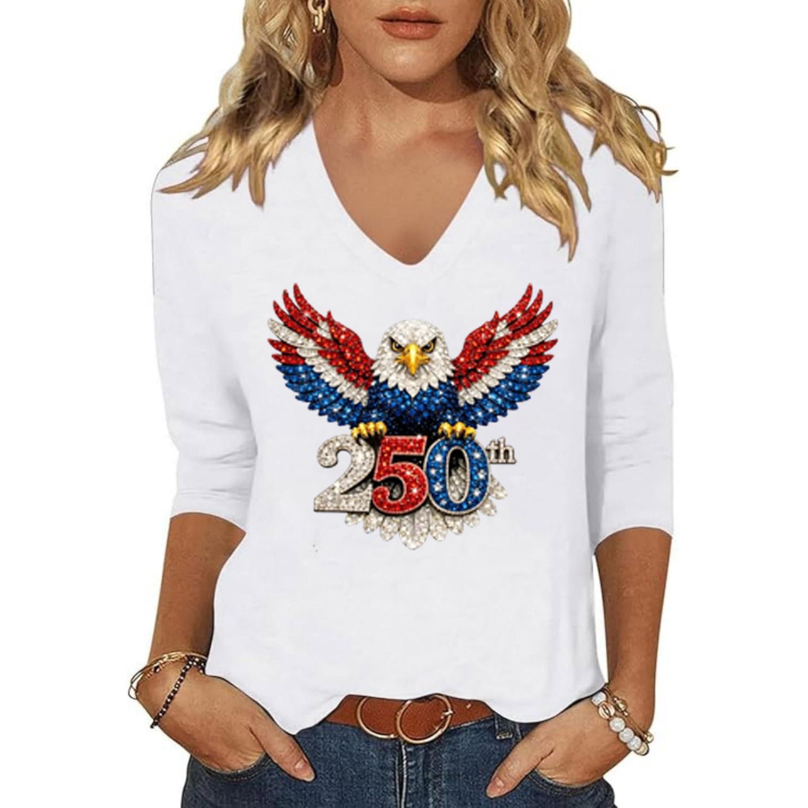 

Women s Casual V Neck Top 250th Independence Day Eagle Print Pullover Lightweight Long Sleeve Shirt for Everyday Wear XXXXXL