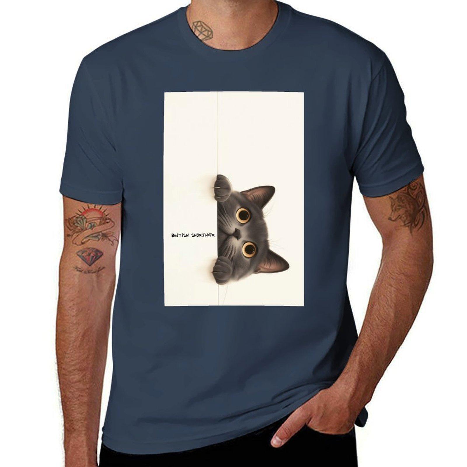 Peekaboo British Shorthair Cat TShirt Basic Solid Color Casual Tee Shirt S