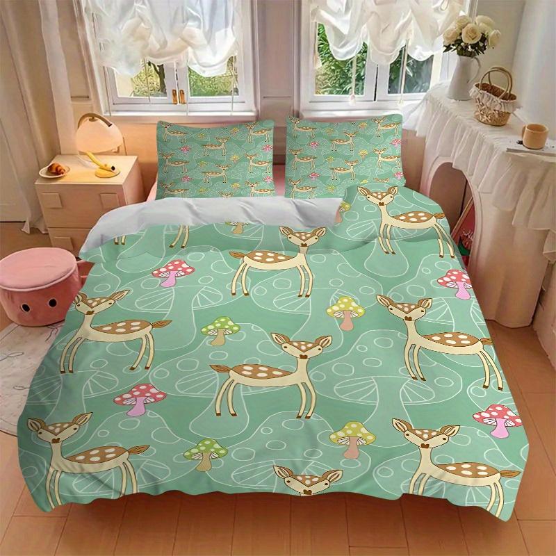 3pcs Deer Mushrooms Bedding Cover Set, Fashion Classic Popular Print Bedding Set, Soft Comfortable, All Season Use, For Bedroom, Guest Rooma0819175