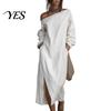 Party Dress Casual Women's One Shoulder Long Sleeve Maxi Dress, Cotton Linen Tunic Side Slit Summer Loose with Pockets Retro Style