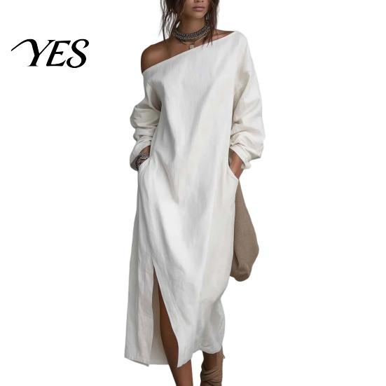 Party Dress Casual Women's One Shoulder Long Sleeve Maxi Dress, Cotton Linen Tunic Side Slit Summer Loose with Pockets Retro Style