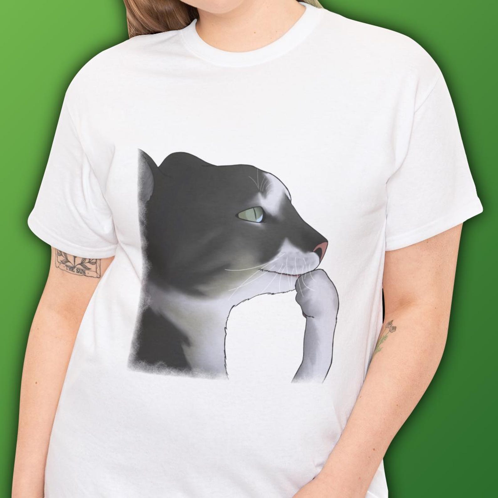 Thinking Cat Meme T-Shirt - Unisex Heavy Cotton Tee XL