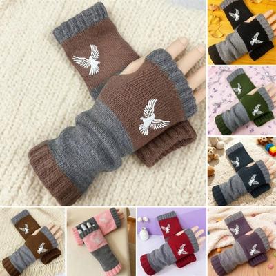 Knitted Fingerless Gloves Women Warm Gloves with Cute Embroidery Color Contrasting Breathable Knit Gloves