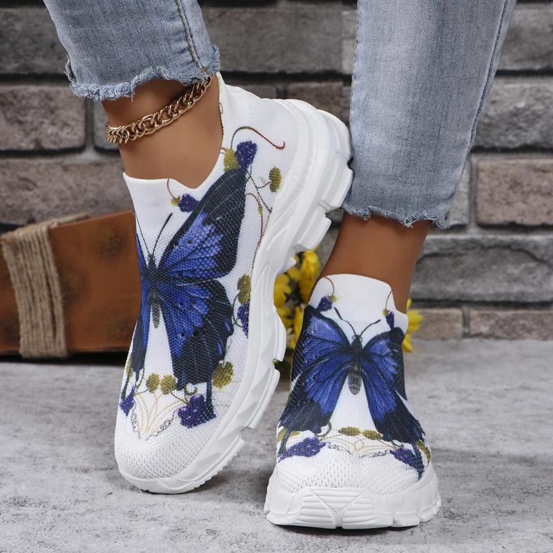 Fashion Thick Bottom Platform Breathable Knitted Sneakers Women Autumn 2025 Butterfly Print Slip On Casual Shoes Woman Non Slip Flats 43