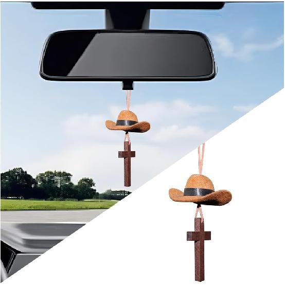 Zpana Cowboy Hat Car Hanging Charm with Cross, Felt Miniature Western Country Vehicle Rear View Mirror Pendant, Cute Mirror Decor Ornament, Universal