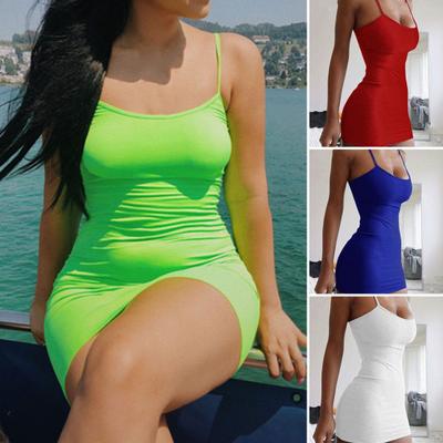 Women Dress Low Cut Round Neck Cross Back Strap Stretchy Elastic Backless Wrap Hip Sleeveless Sling Slim Mini Dress Clubwear