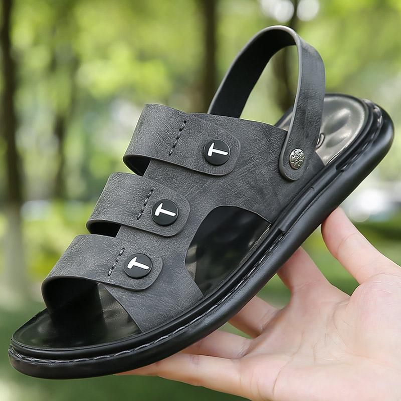 

Men s Leather Sandals Breathable Soft Comfortable Slippers Summer Casual Shoes Slip-On Lightweight Flats Beach Walking Sandals 48 чёрный