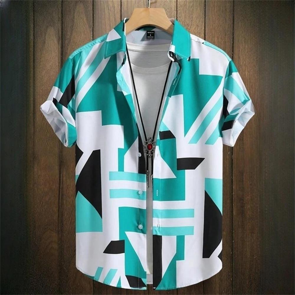 3D Printed Geometry Men's Shirts Loose Casual Fashion Button Short Sleeve Lapel Hawaiian Blouse Shirts for Summer Clothing
