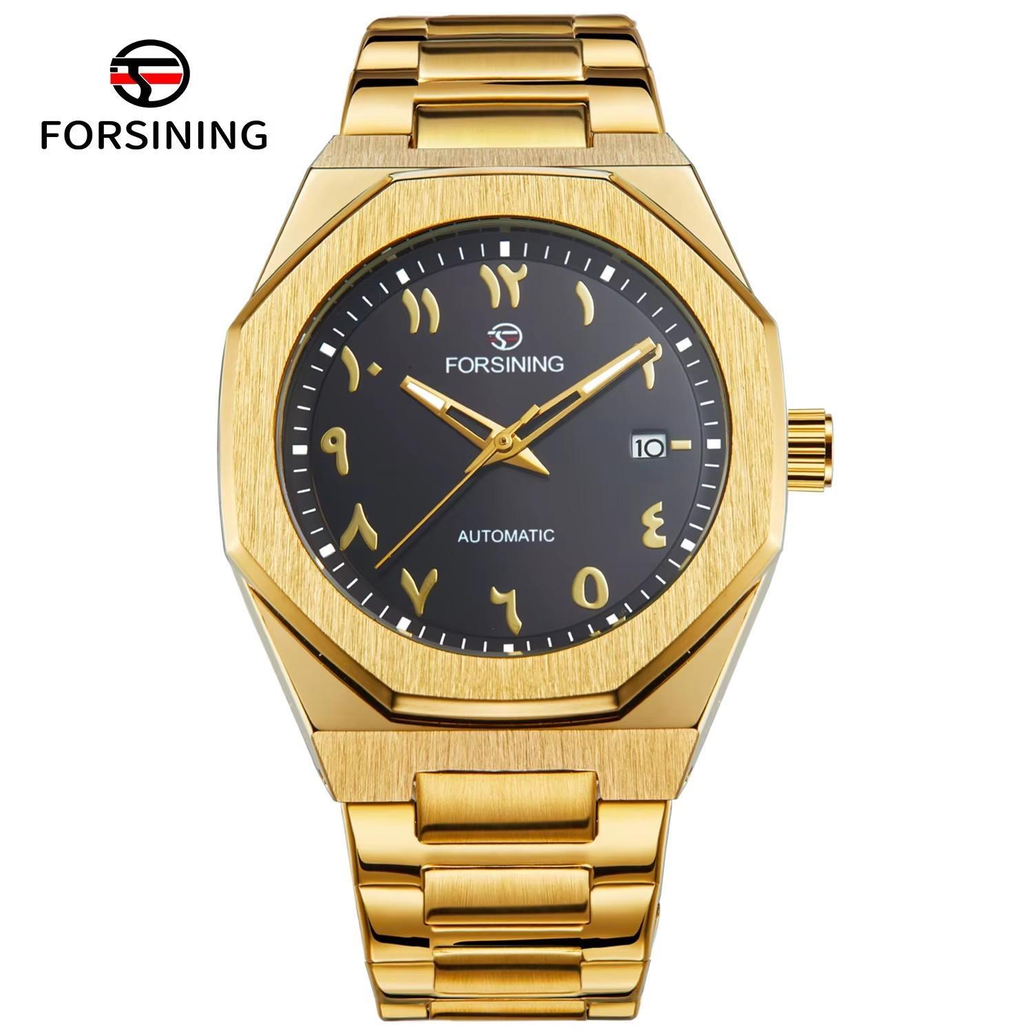 FORSINING Business Mens Watch Arabic Numeral Date Automatic Movement Mechanical Stainless Steel Waterproof Wristwatches чёрный/золотой