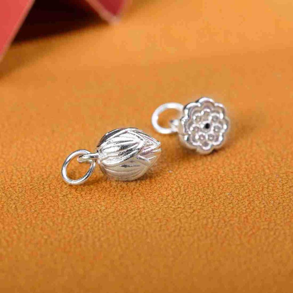 999 Sterling Silver Lotus Flower & Seed Pod Pendant Beaded Bracelet - Joyful DIY Jewelry Accessory