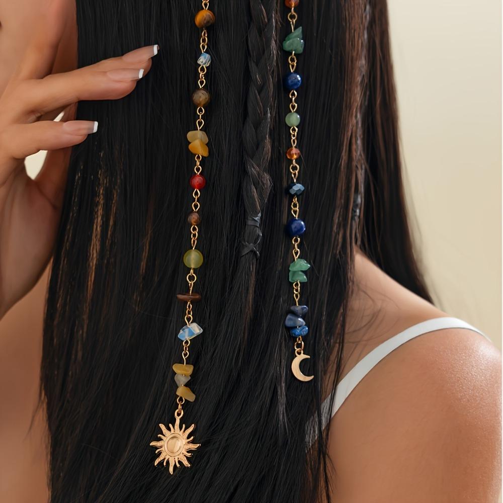 2Pcs Headwear Long Tassel Chain Headdress Multicolored Stone Bead Hair Additions Hair Jewelry