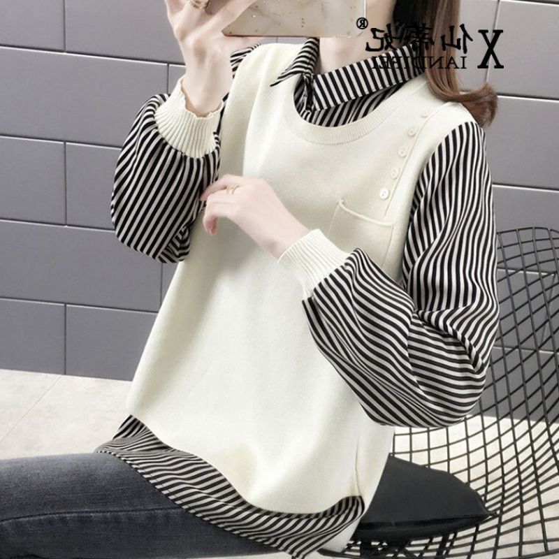 

Поддельные две футболки, женская блузка, весенне-осенняя свободная корейская трикотажная одежда с длинными рукавами, женская мода, универсальная женская одежда L белый