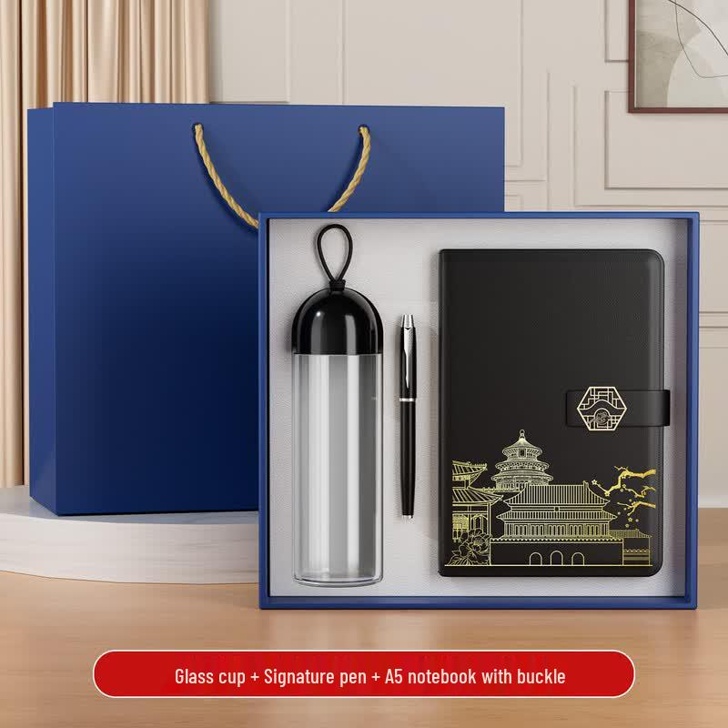 Business Gift Set with Glass Cup, Pen, and Notebook