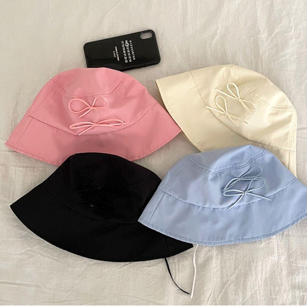 Solid Color Bowknot Fisherman Hat Sunscreen Canvas Basin Hat Male Bow Bucket Hat  Travel