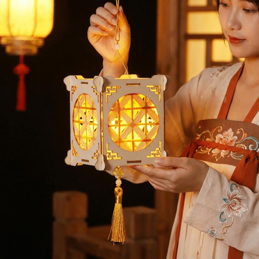 Rabbit Mid-Autumn Wooden Lantern Glowing Chinese Style Handheld Lantern Handmade DIY Portable Flower Lantern Girl