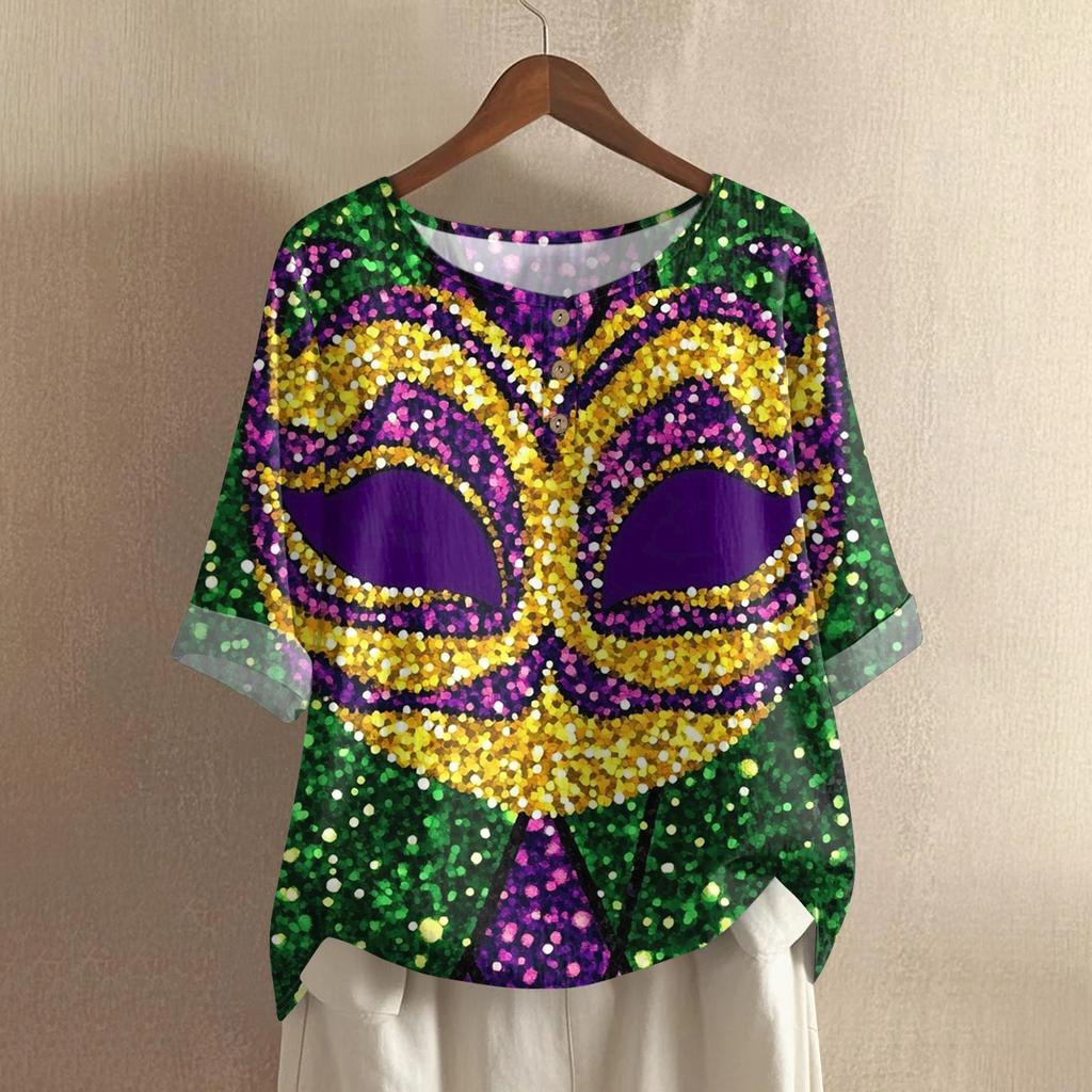 Women's Carnival Printed Casual Mid Sleeve Round Neck Cotton And Hemp Top