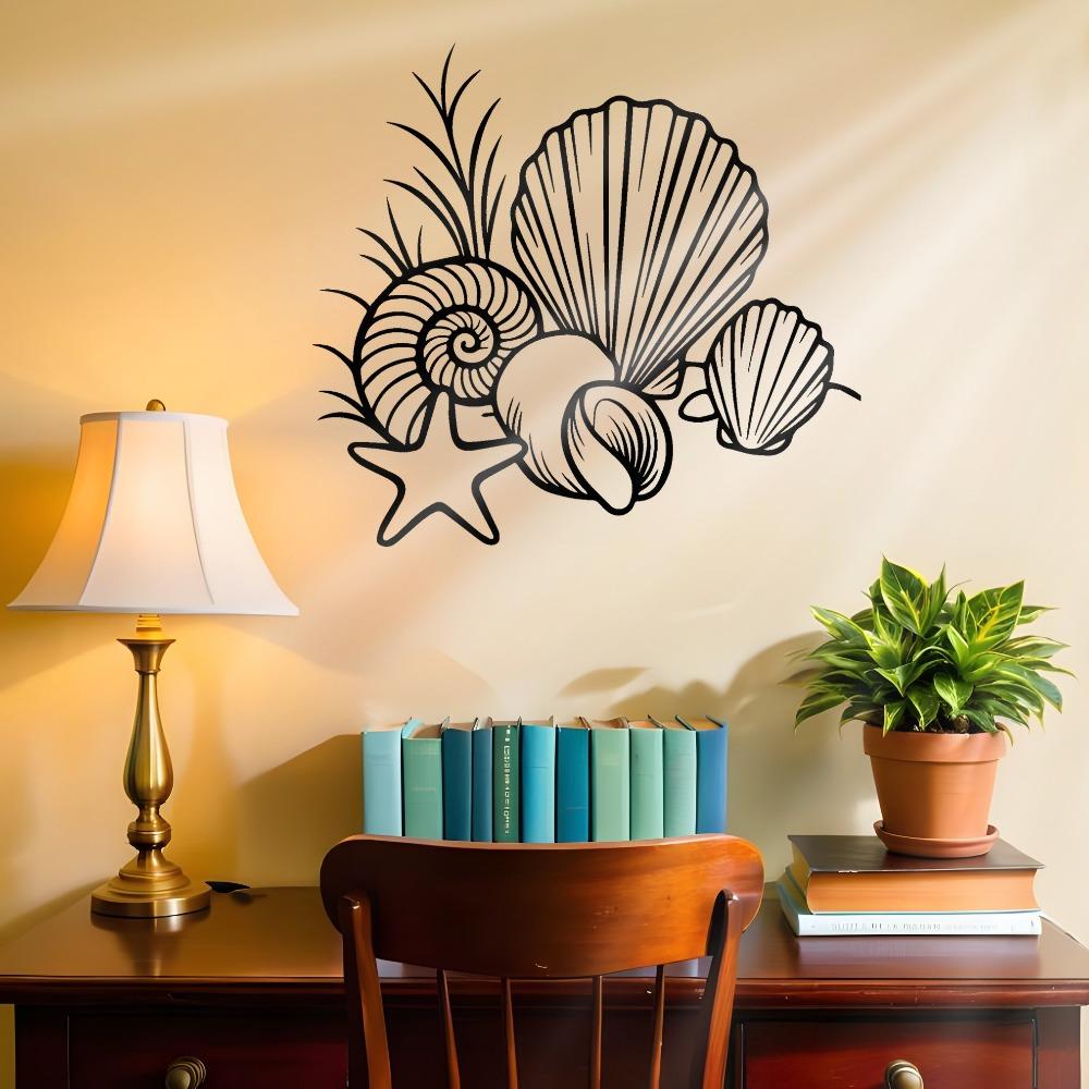 2D Large Laser Cut Iron Wall Art Floral Seashell Starfish Pattern, Heavy Duty Black Metal Rustic Look for Bathroom Living Room Decor, Gift for Women