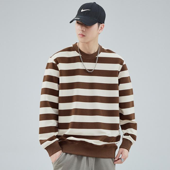 

Осенний полосатый свитер с круглым вырезом, мужской свободный, большого размера, корейская версия, мужская пара, нижняя рубашка, топ, модный бренд 3XL кофейный