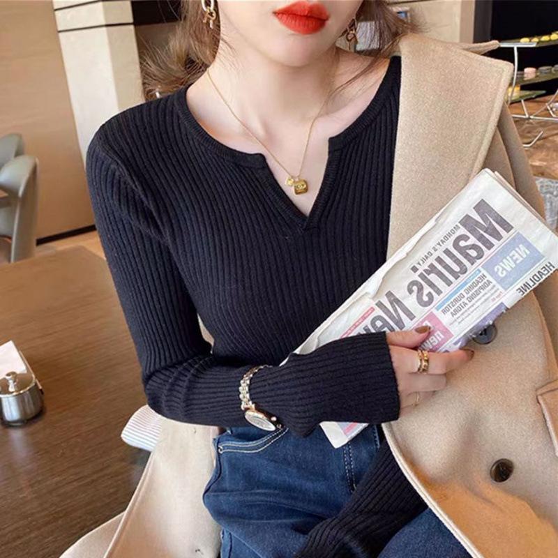 Long Sleeve Knit Top Spring Autumn Women Tight Fit V Neck Sweater Layer Base Layer Slim Fit Shirt