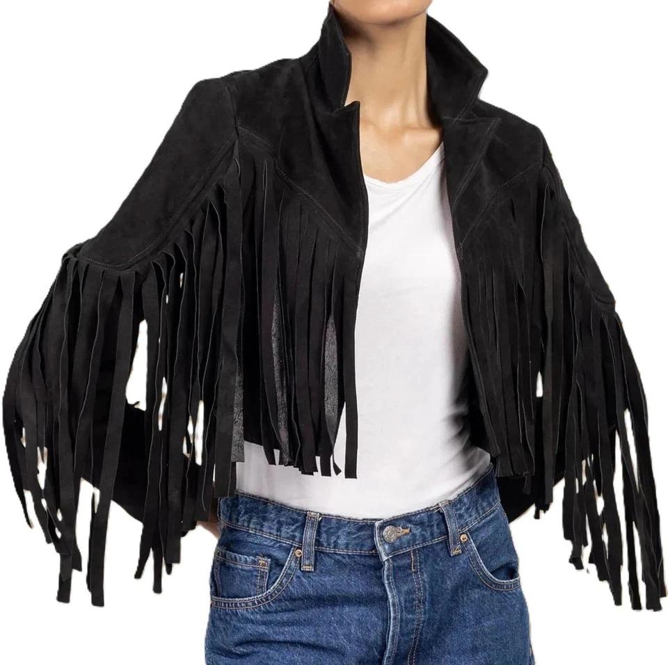 Jacket Stylish Handmade Lambskin Biker Cropped Black Suede Leather Women's Fringe