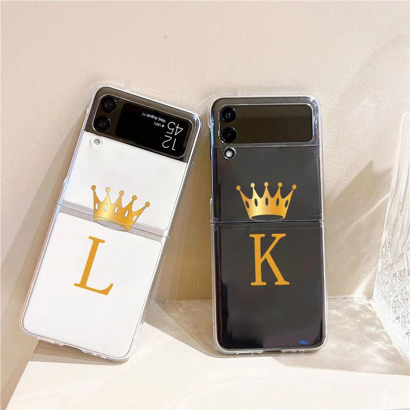 Crown Letter A To b Fashion Phone Case For Samsung Galaxy Z Flip 3 4 5 6 7 Hard Folding Z Flip4 Clear PC Cover Protector Gift