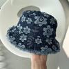 Flower Embroidered Denim Fisherman Hat Frayed Brim Sunscreen Sun Cap Cowboy Bucket Hats  Travel