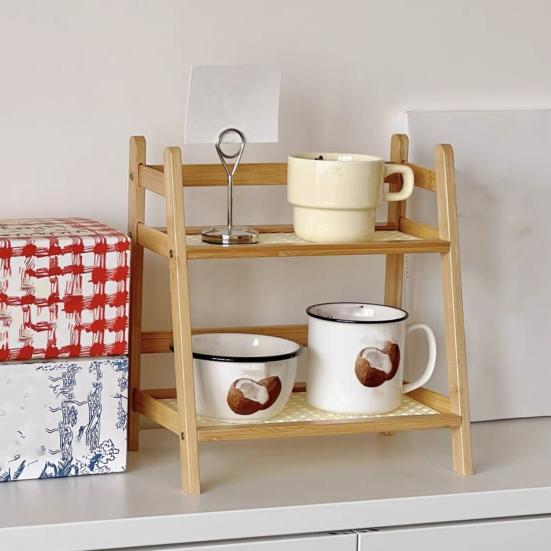 2-Tier Storage Shelf Rustic Wooden Desktop Stand Display Rack Trapezoidal Storage Organizer