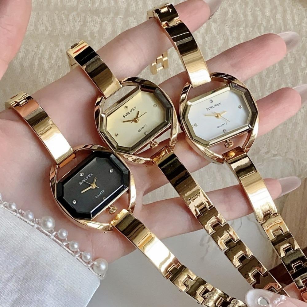 Minimalist Octagonal Rhinestone Dial Ladies Quartz Watch Thin Metal Bangle Elegant Daily Wrist Watch