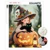 Pearl Painting DIY Kit Frameless Witch Cat Pumpkin Pattern Shiny Bead Art Canvas Creative Wall Decor Gift for Autumn Holiday